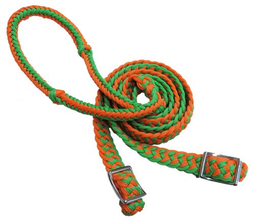 Showman ® braided nylon barrel reins with easy grip knots - ORANGE/GREEN