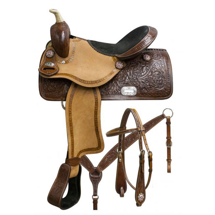 Double T Barrel Saddle Set with Oak Leaf Tooling - 15 INCHES