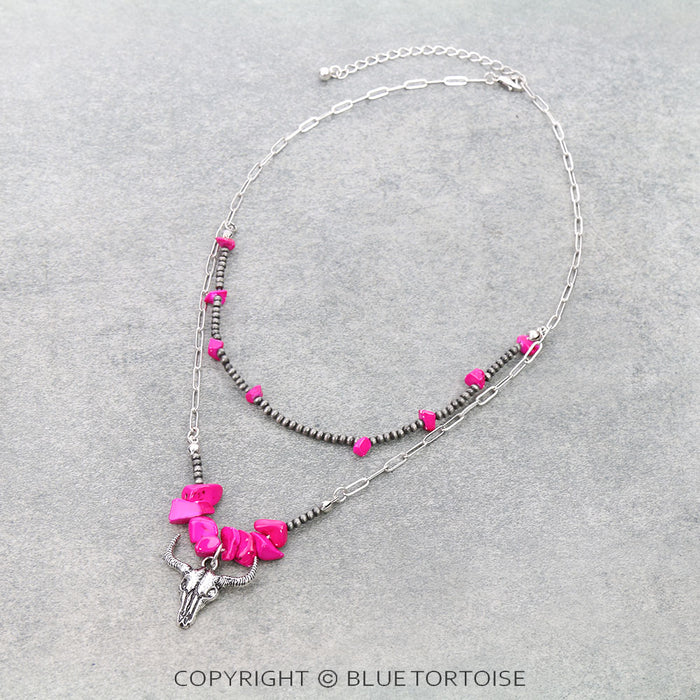 2 Layered Western Steer Skull Pendant Necklace/PINK