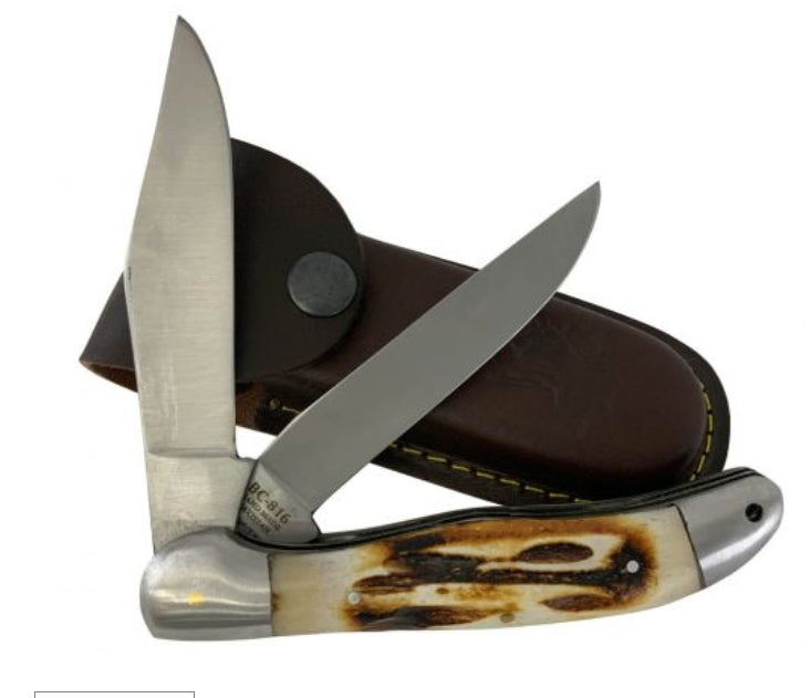 The Bone Collector - Bone handle 2 blades folding knife with sheath 5"