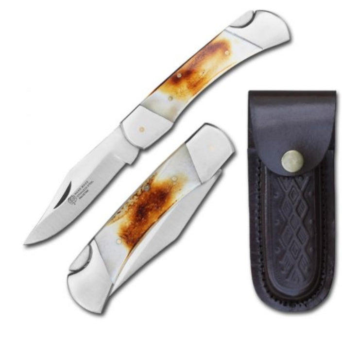 Folding bone handle pocket knife with leather sheath