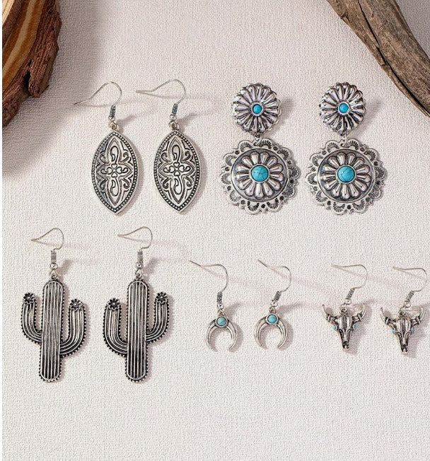 5 Pairs Antique Silver Cactus Cow Head Turquoise Stone Decor Western Concho Earrings Set for Women