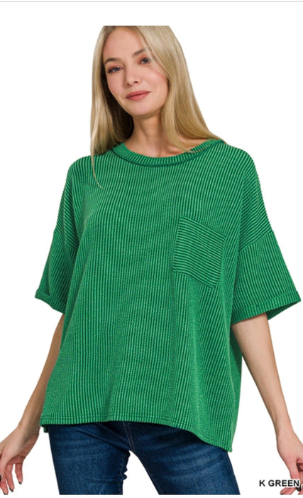 Corded rib short sleeve front pocket top
