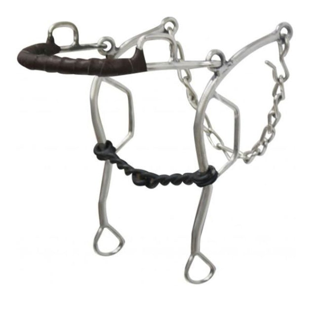Showman stainless steel leather wrapped nose gag hackamore with 7.5" cheeks. Blued steel twisted 5.25" broken mouth piece