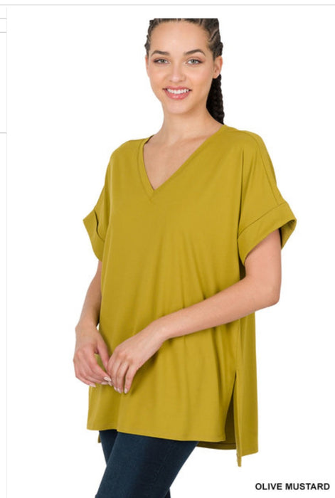 Brushed dty rolled short sleeve v-neck top