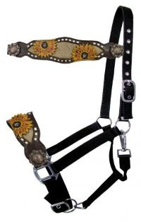 SHOWMAN ADJ. BLACK NYLON BRONC HALTER W/ PAINTED SUNFLOWER DESIGN.