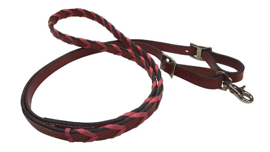 19622 - 8ft leather braided rein with colored lacing. (PINK)