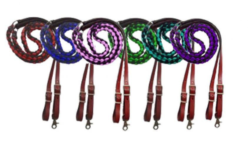 19630 - 8ft Nylon braided contest reins with leather ends (LIME)