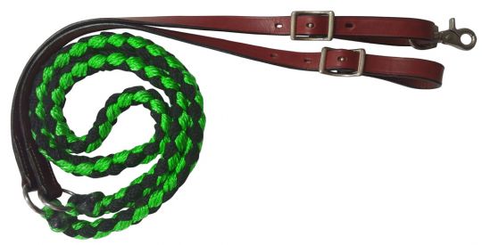 19630 - 8ft Nylon braided contest reins with leather ends (LIME)