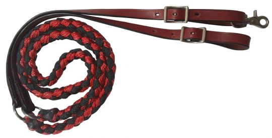 19630 - 8ft Nylon braided contest reins with leather ends (RED)