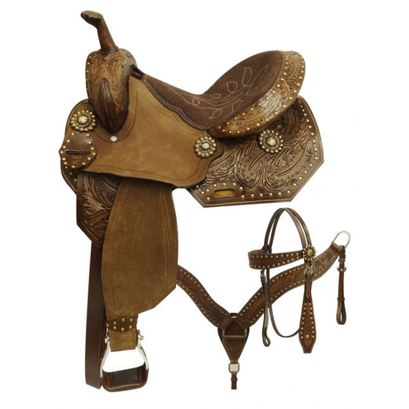 Economy Barrel Style Saddle Set with Feather Tooling - 14"