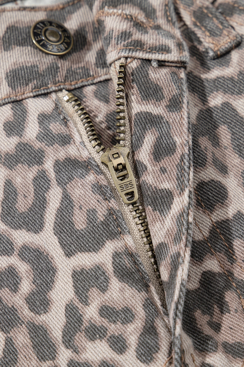 Brown Leopard Frayed Edge Wide Leg High Waist Jeans