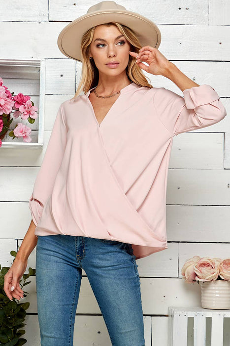 SP4732T-24926 - WOMEN SOLID WRAP CROSSOVER BLOUSE