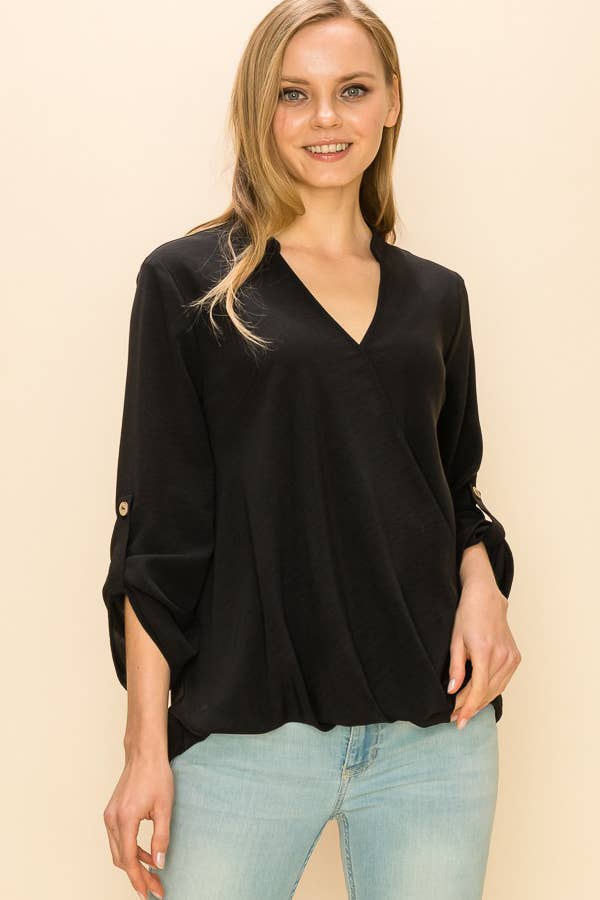 SP4732T-24156 - WOMEN FAUX WRAP BAND COLLAR BLOUSE