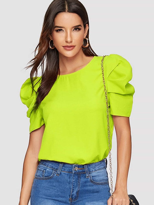 Neon Lime Gathered Sleeve Keyhole Back Blouse - Medium