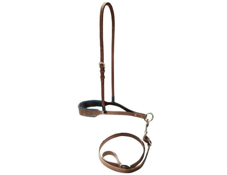 Showman ® Leather noseband and tiedown with colorful rawhide lacing on nose.