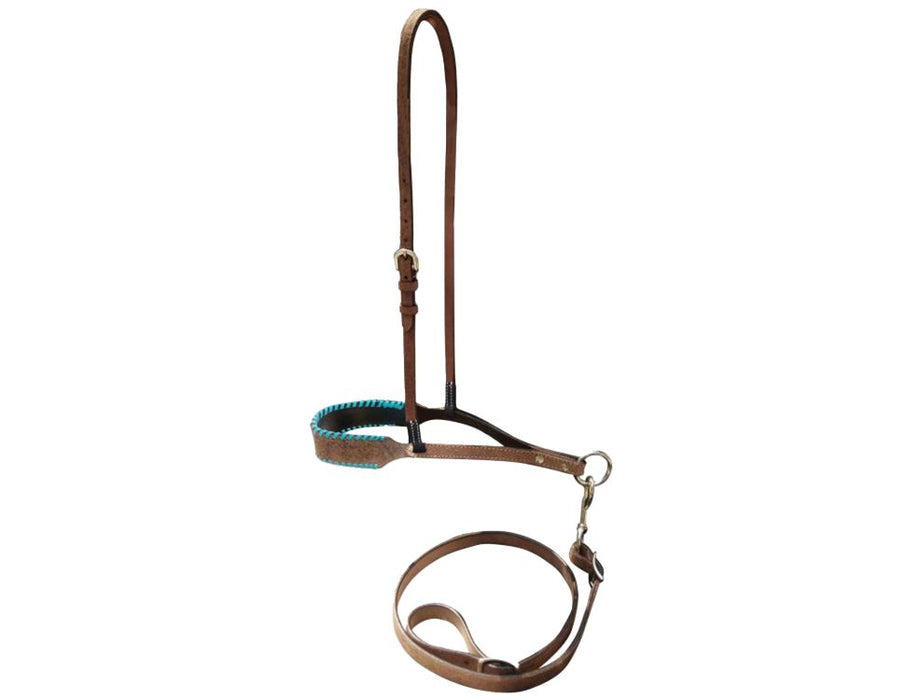 Showman ® Leather noseband and tiedown with colorful rawhide lacing on nose.