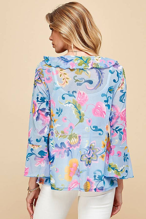 WOMEN MESH FLORAL TIE FRONT BELL SLEEVE TOP