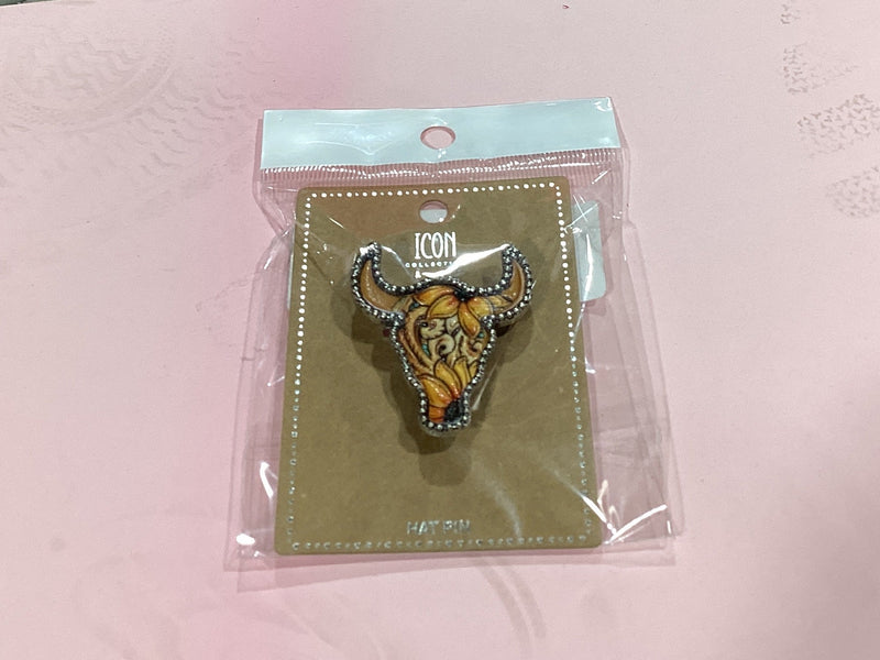Western Sunflower Tooled leather Steer Head Brooch Pin