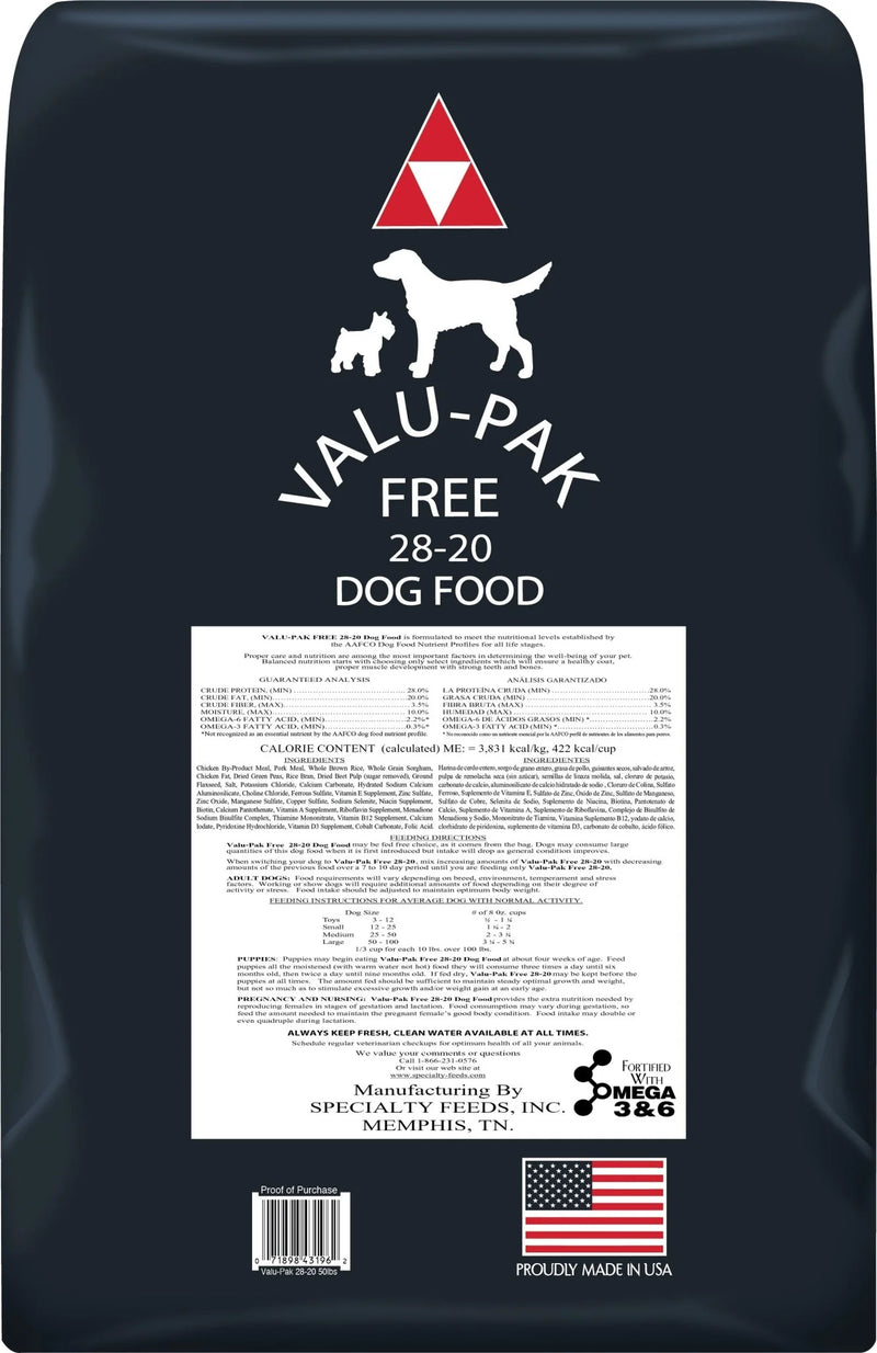 Valu-Pak Free 28-20 Performance Gluten Free Dry Dog Food for Active Dogs (Black Bag) 50 LB