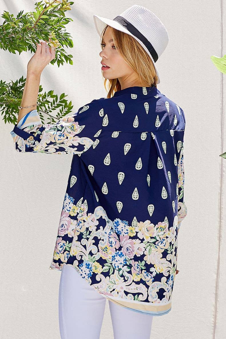 WOMEN MULTI FLORAL COLLAR ROLL UP SLEEVE TOP