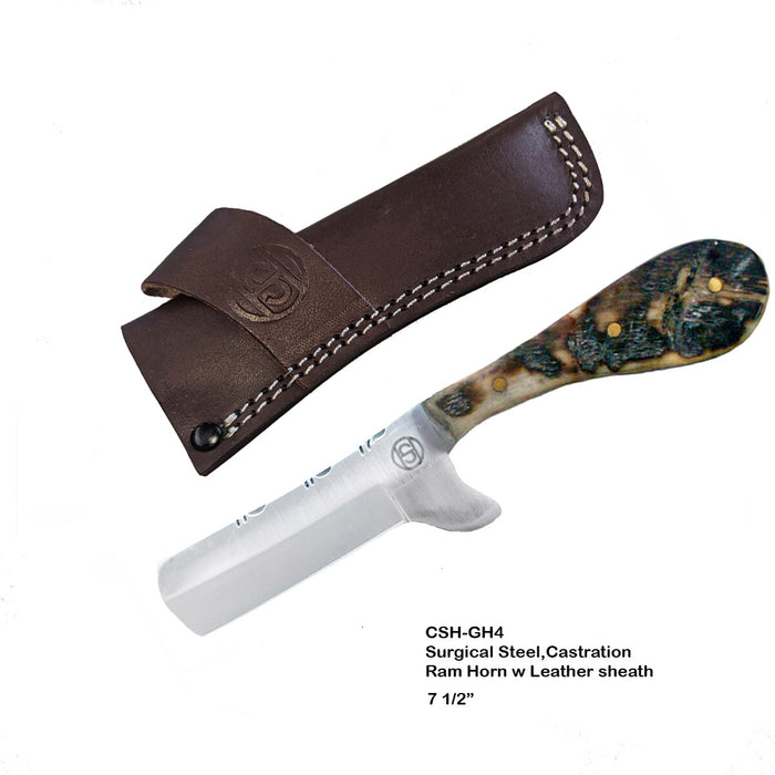 CIRCLE SH KNIFE 7 1/2", DAMASCUS, RAM HORN SURGICAL STEEL HEAVY DUTY SHEATH