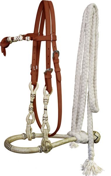Showman Fine quality rawhide core show bosal with a cotton mecate rein - MEDIUM BROWN