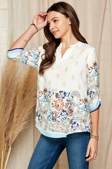 WOMEN MULTI FLORAL COLLAR ROLL UP SLEEVE TOP