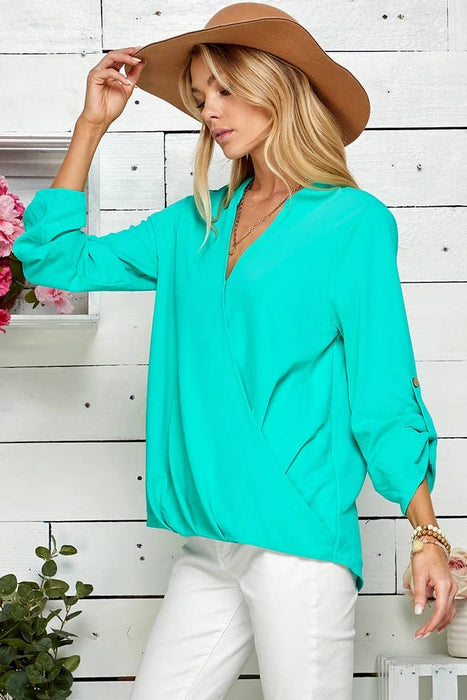 SP4732T-24926 - WOMEN SOLID WRAP CROSSOVER BLOUSE