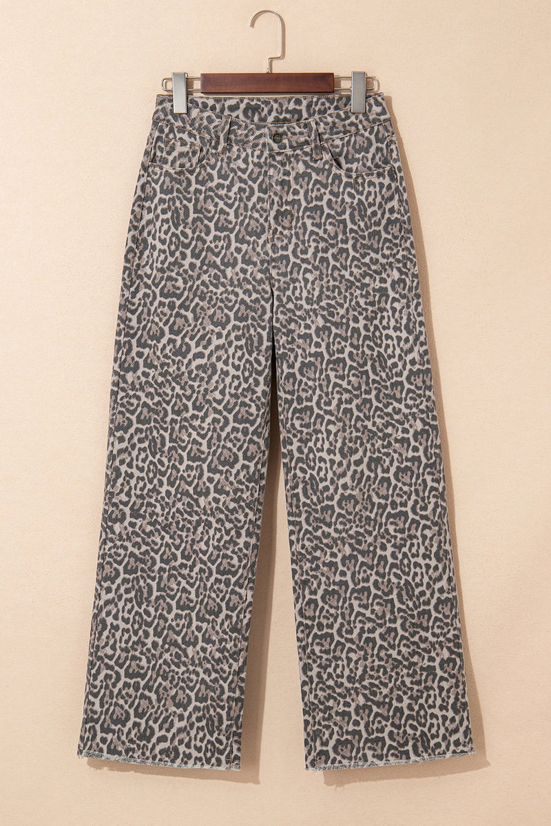 Brown Leopard Frayed Edge Wide Leg High Waist Jeans