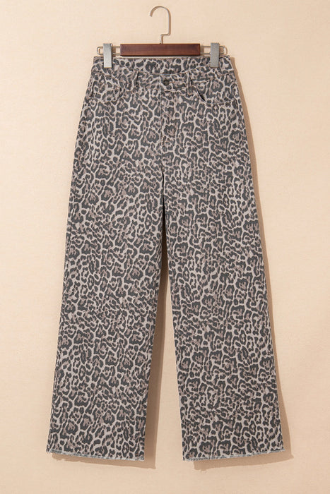 Brown Leopard Frayed Edge Wide Leg High Waist Jeans