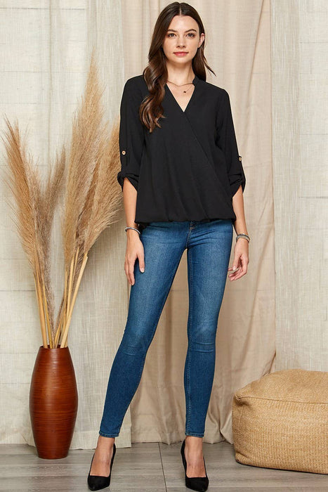 SP4732T-24926 - WOMEN SOLID WRAP CROSSOVER BLOUSE