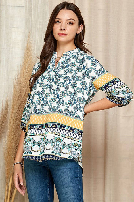 WOMEN MULTI FLORAL COLLAR ROLL UP SLEEVE TOP