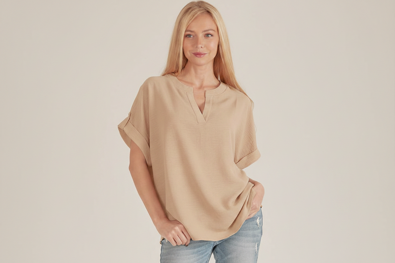 SPT5211 - WOMEN SHORT BUTTON SLEEVE FRONT SLIT LOOSE FIT TOP BLACK