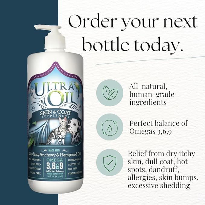 Ultra Oil Skin and Coat Supplement for Dogs & Cats - Hemp Seed Oil, Flaxseed Oil, Grape Seed Oil, Fish Oil for Relief from Dry Itchy Skin, Dandruff, and Allergies - 8 OZ