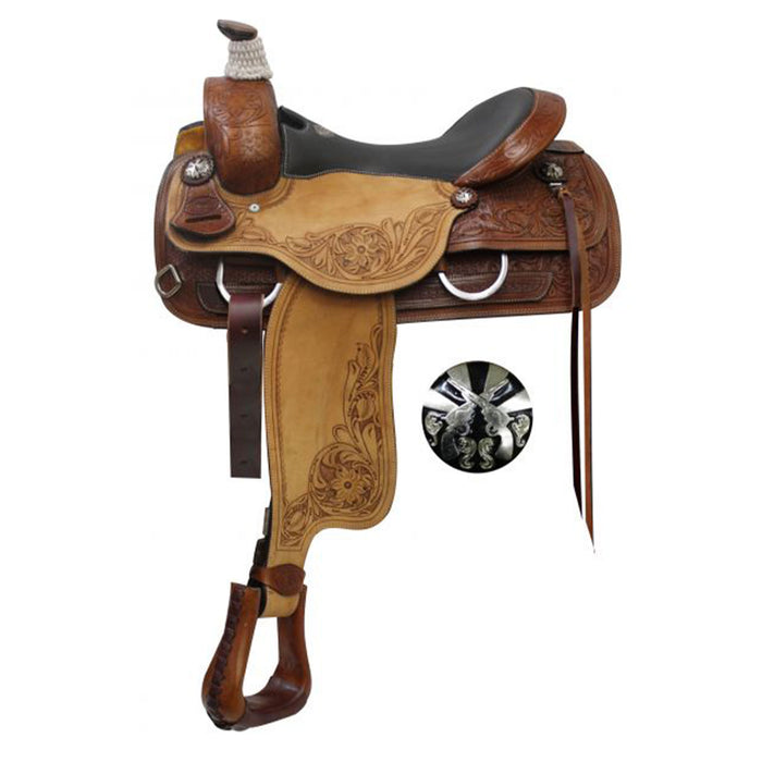 Double T Roper Style Saddle with Cross Gun Conchos - 17 Inch
