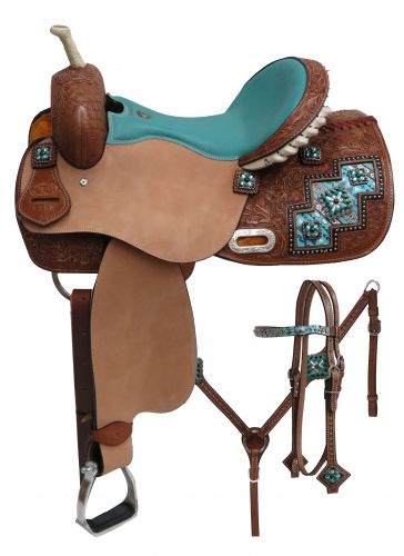 15" Double T Arctic Aztec print barrel style saddle set