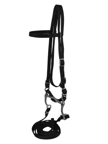 Pony size nylon headstall with bit and reins - BLACK