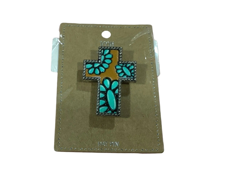 Western Concho tooled Leather Cross Brooch Pin
