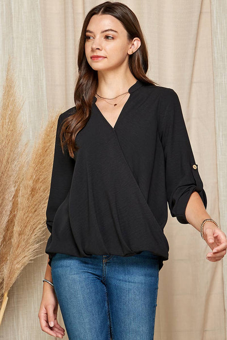SP4732T-24926 - WOMEN SOLID WRAP CROSSOVER BLOUSE