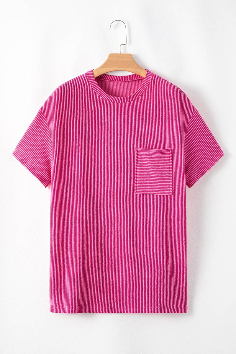 Women Solid Rib Chest Pocket Loose Fit Round Neck Top | S-XL