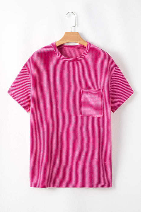 Women Solid Rib Chest Pocket Loose Fit Round Neck Top | S-XL