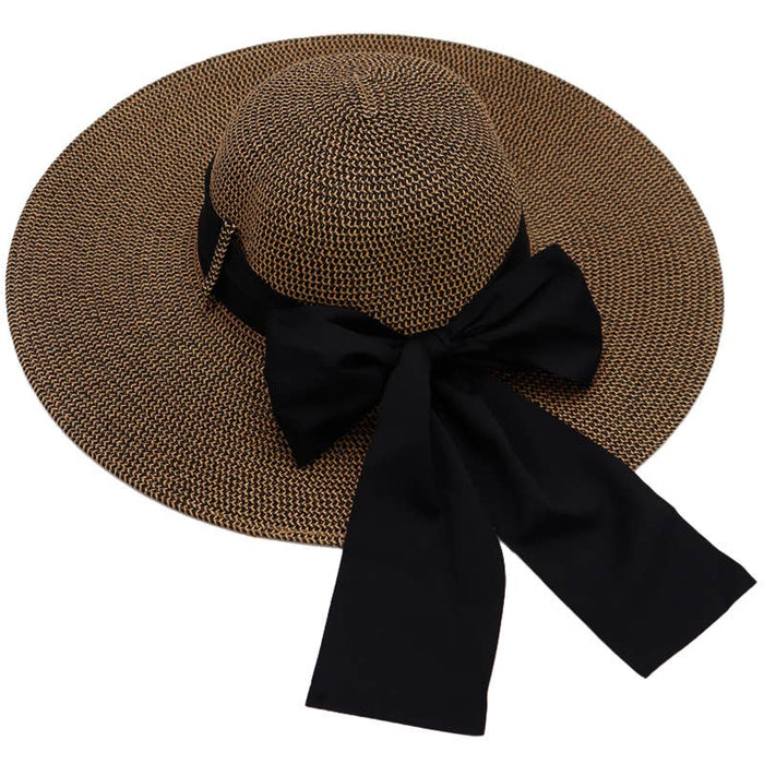 Mixed Grain Straw Satin Ribbon Wide Floppy Sun Hat-Brown/Black