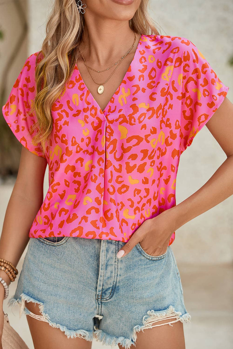 Women Leopard Print V Neck Short Sleeve Blouse | S-XL