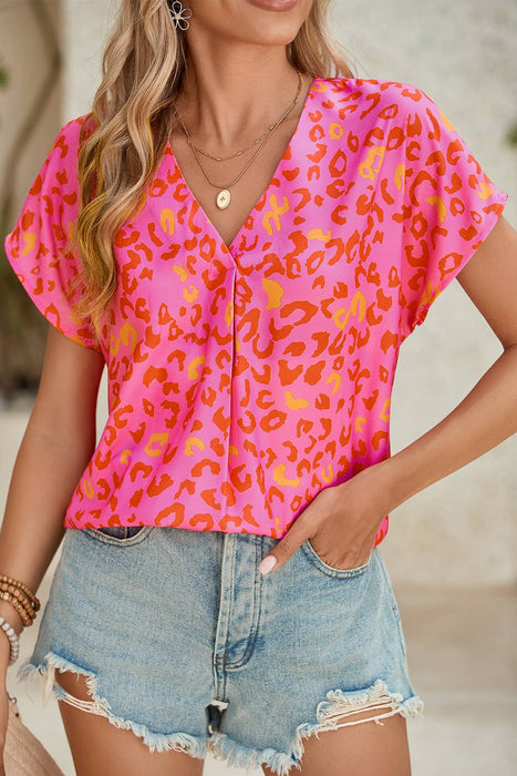 Women Leopard Print V Neck Short Sleeve Blouse | S-XL