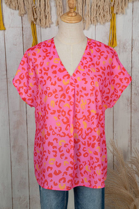 Women Leopard Print V Neck Short Sleeve Blouse | S-XL