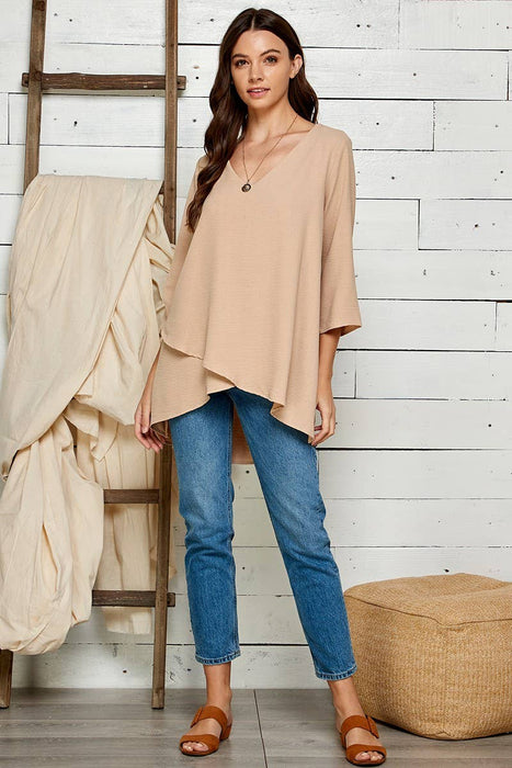 WOMEN V-NECK 3/4 SLEEVE HI-LOW BLOUSE RUST