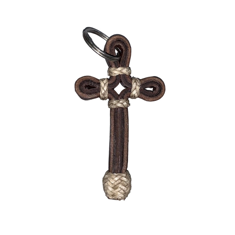 Leather Crucifix Keychain with Raw Hide Accents - 3.75 INCHES