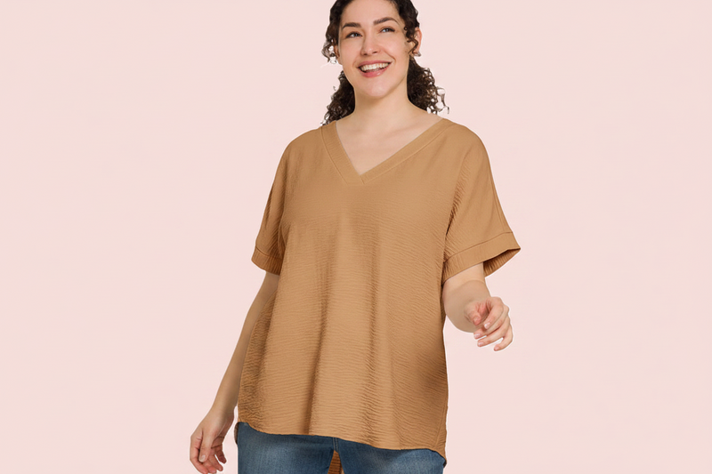 Woven airflow v-neck hi-low hem top