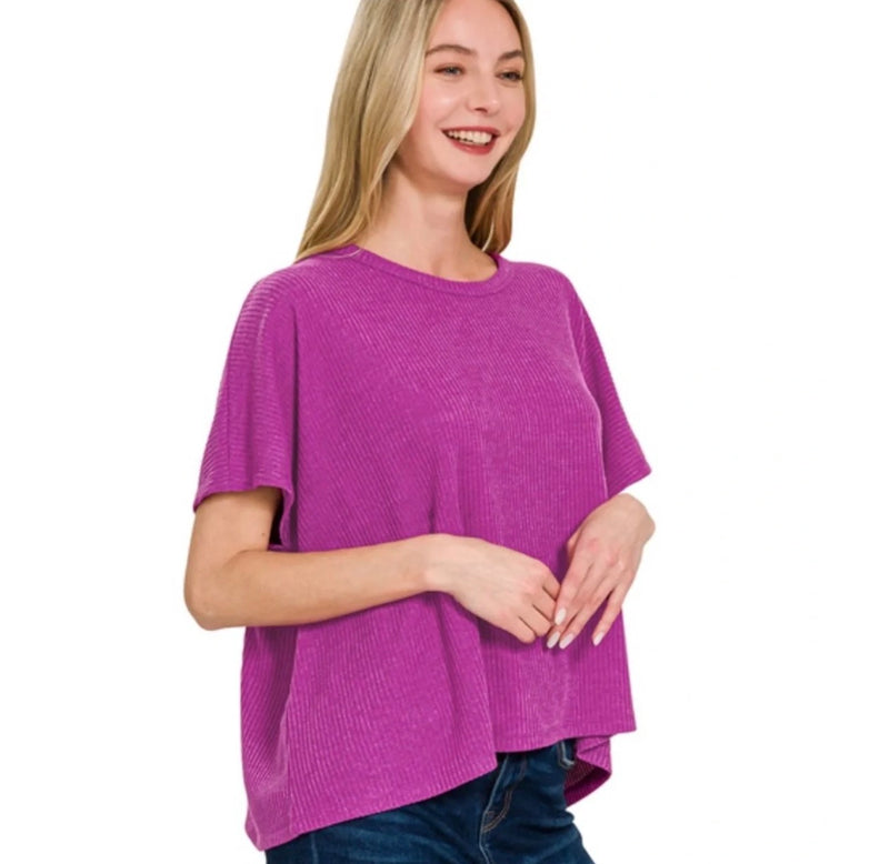 Zenana Ribbed Round Neck Short Sleeve Knit Top PLUM